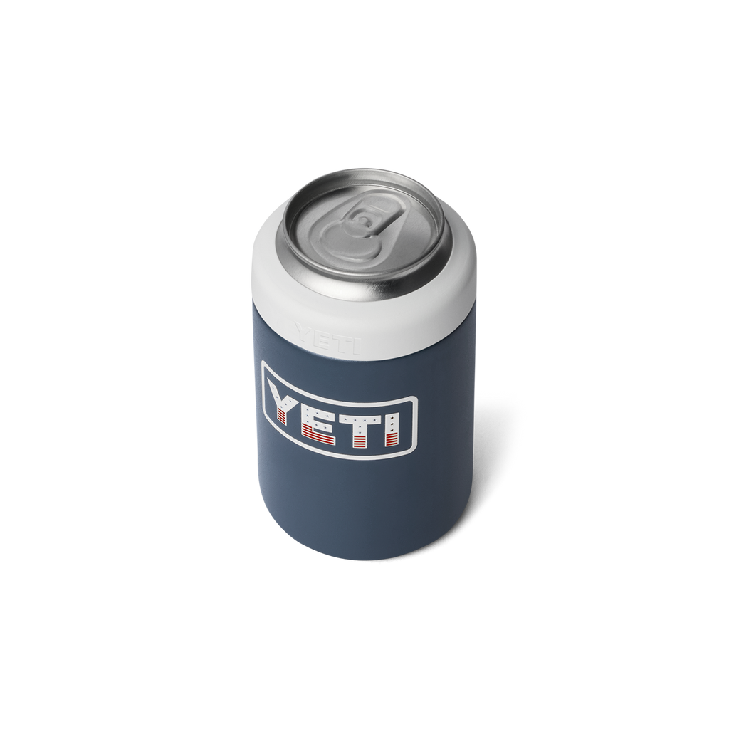 Navy blue YETI can cooler with a silver lid on a white background