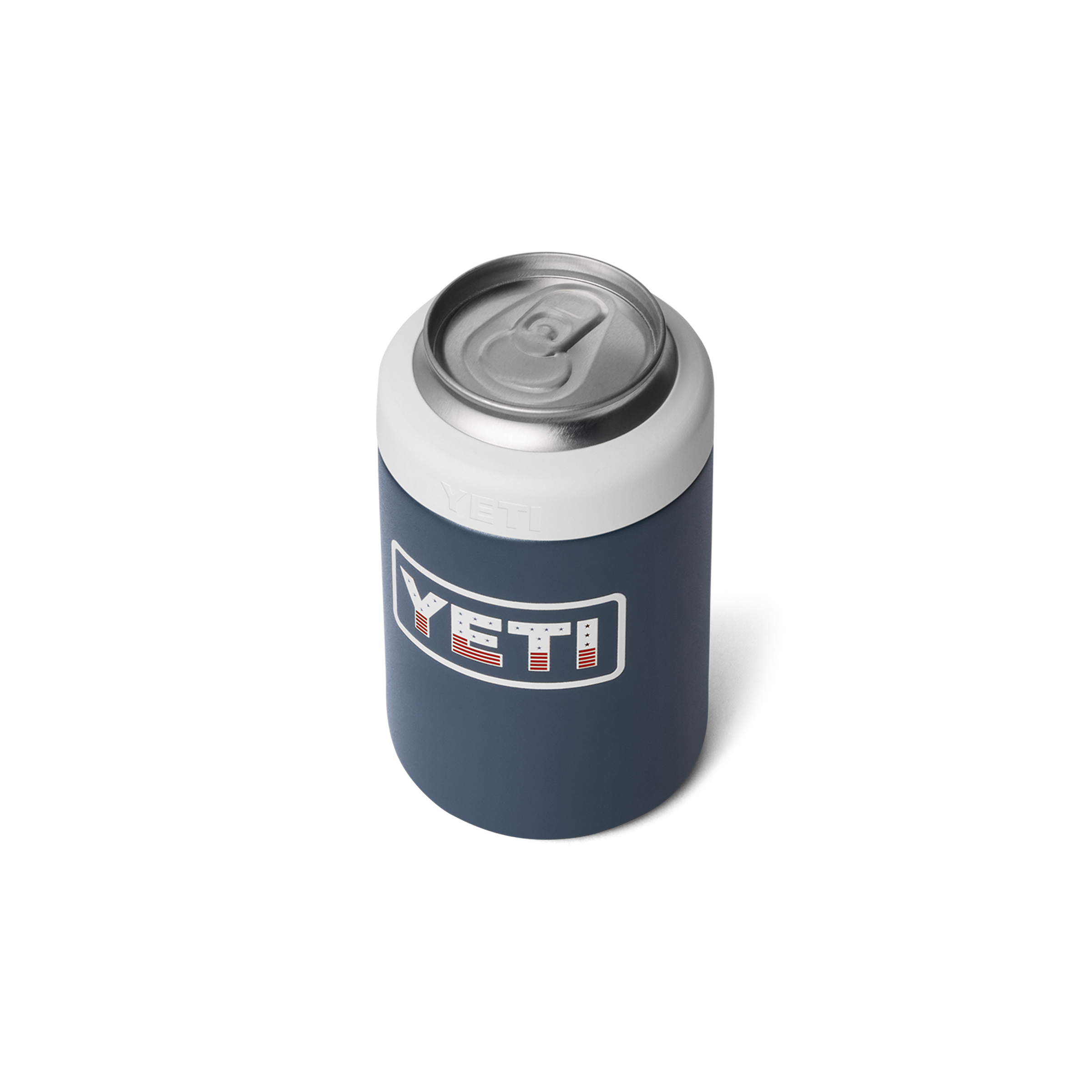 Navy blue YETI can cooler with a silver lid on a white background