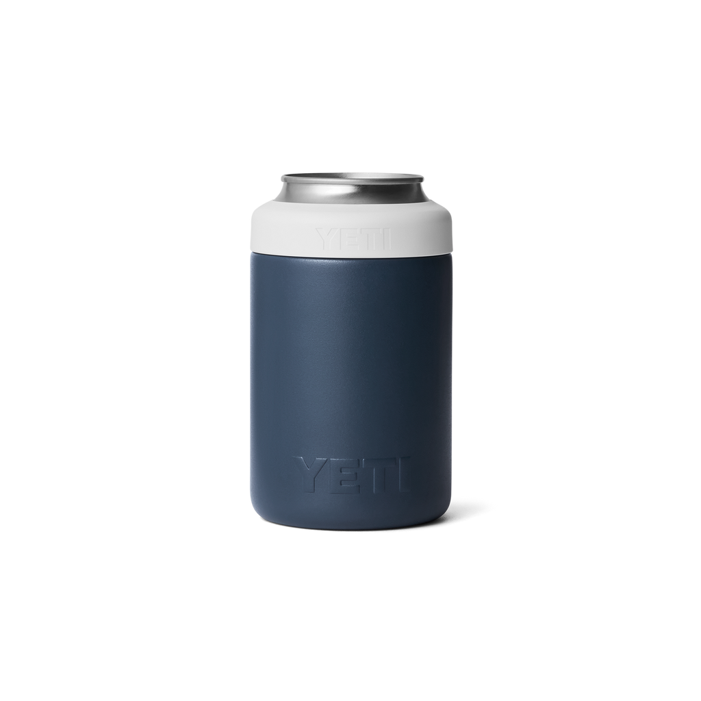 Navy blue YETI can cooler with a white lid on a white background