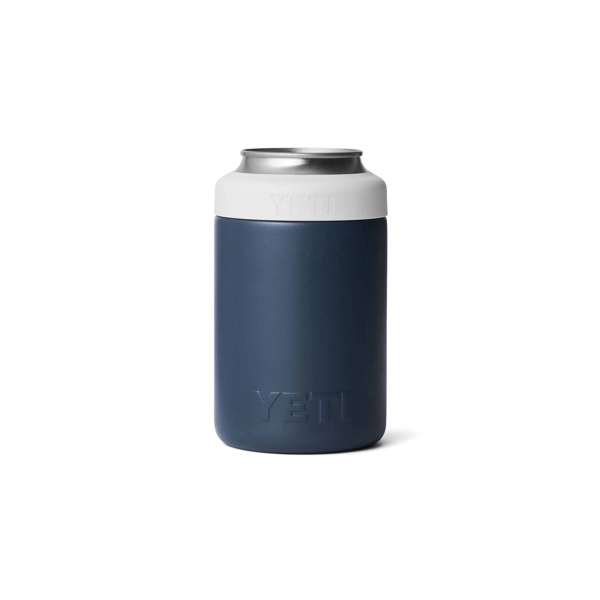 Navy blue YETI can cooler with a white lid on a white background
