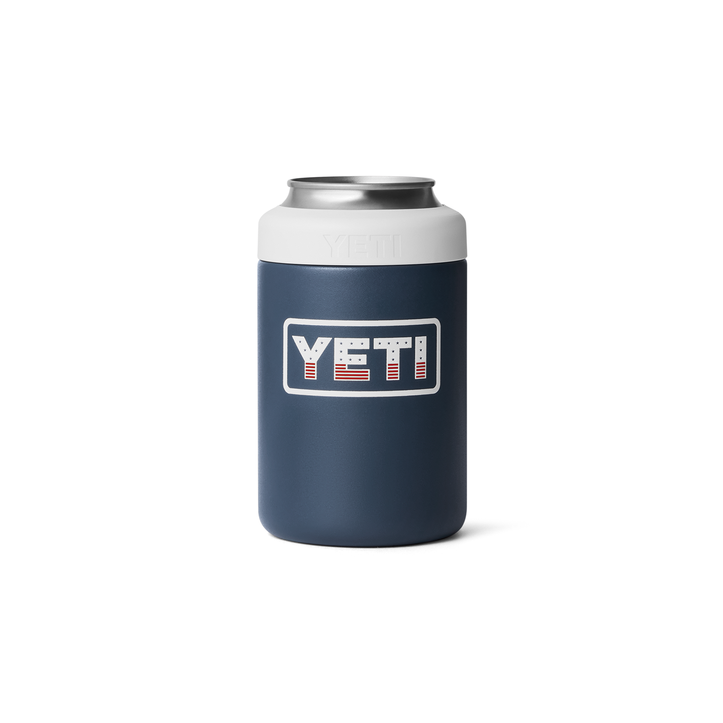 Navy YETI can cooler with white lid on a white background