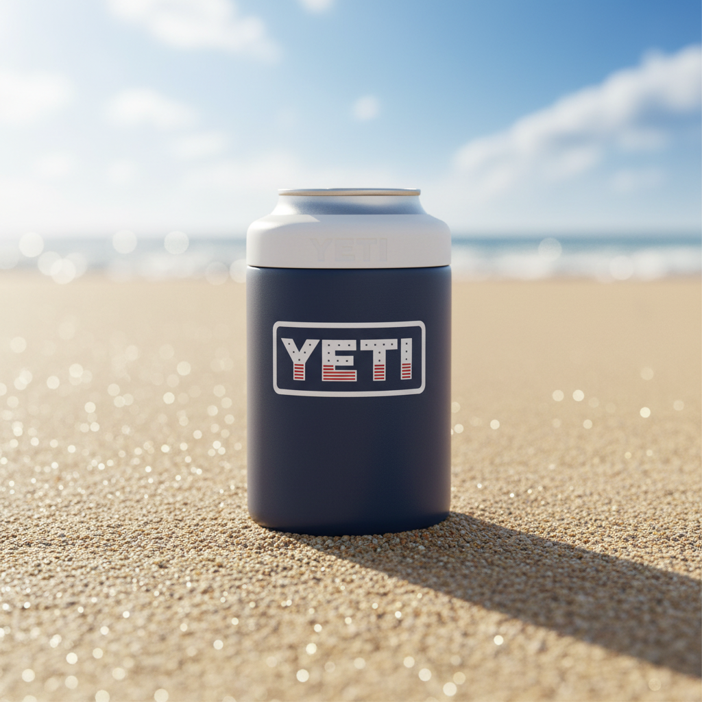 Navy YETI can cooler with white lid on a beach background