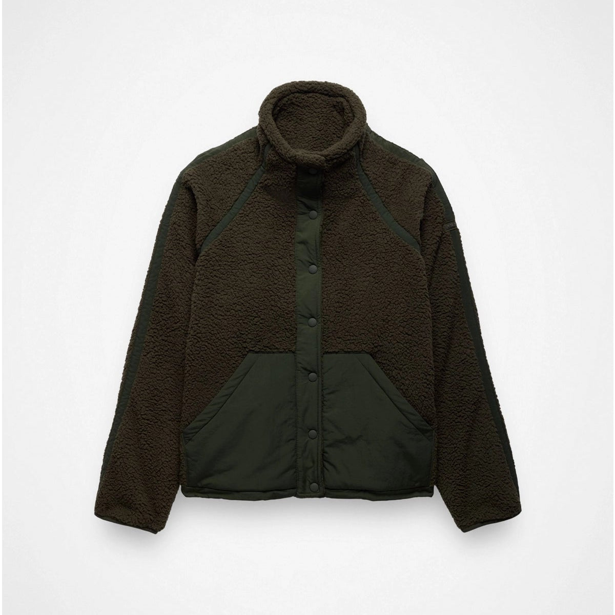 Brown prAna Encinitas Fleece Jacket with a high collar on a white background