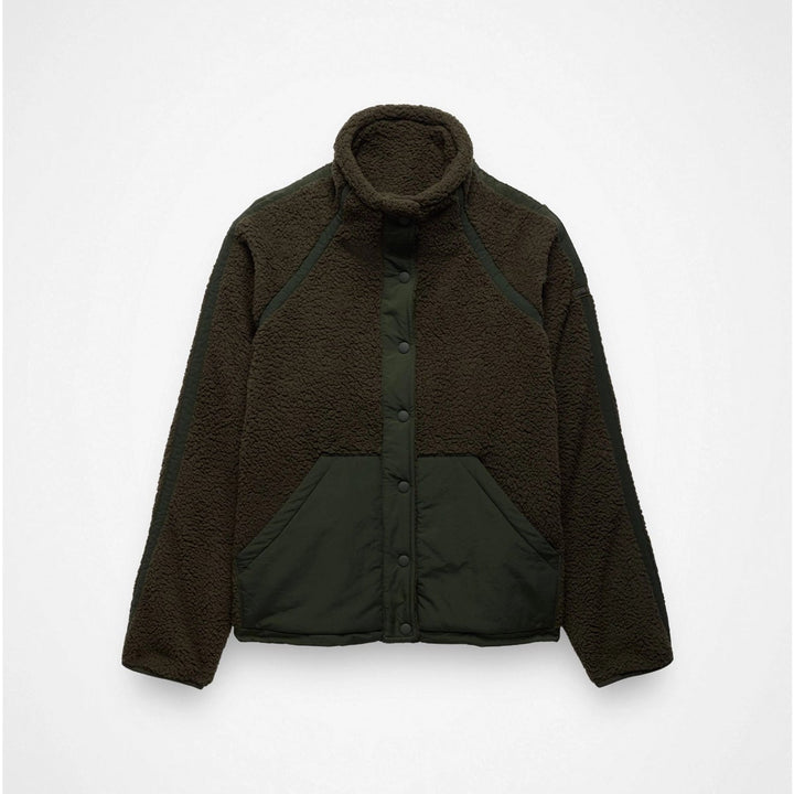 Brown prAna Encinitas Fleece Jacket with a high collar on a white background