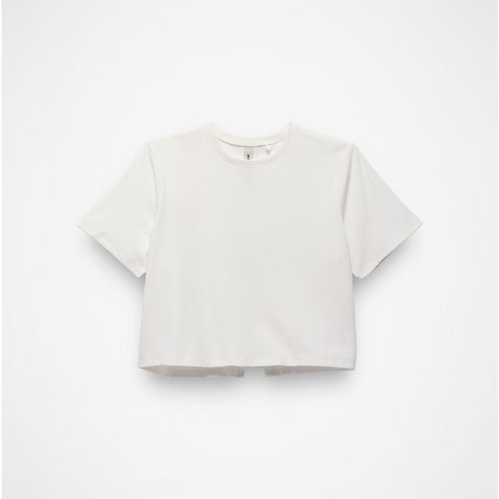 A short-sleeve cropped crewneck t-shirt in off-white, displayed flat against a light gray background.