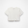 A short-sleeve cropped crewneck t-shirt in off-white, displayed flat against a light gray background.