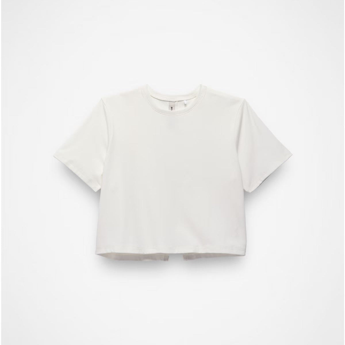 A short-sleeve cropped crewneck t-shirt in off-white, displayed flat against a light gray background.