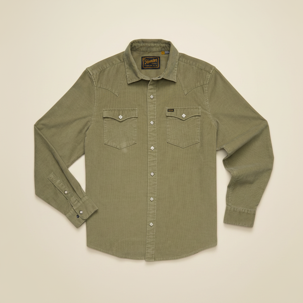 An olive green long-sleeve western shirt by Wrangler, featuring two buttoned chest pockets and silver snap buttons, laid flat on a white background.