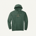 A dark green pullover hoodie with a front kangaroo pocket and a small chest graphic reading 'Pittsburg' above a binocular illustration, shown on a plain white background.