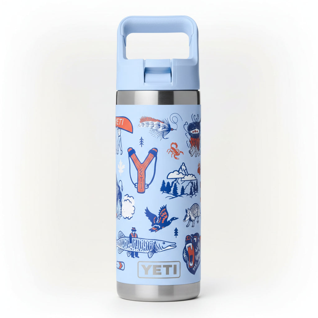Yeti cup with nature-themed design and YETI logo on a light blue background