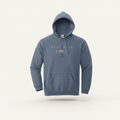 A slate blue pullover hoodie with a small embroidered chest graphic reading 'Beast Rock' and a bear silhouette, shown against a plain white background.