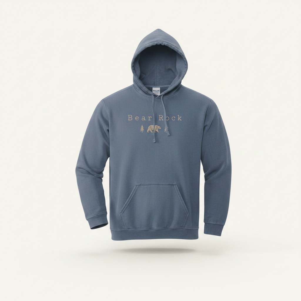 A slate blue pullover hoodie with a small embroidered chest graphic reading 'Beast Rock' and a bear silhouette, shown against a plain white background.