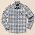 A light blue and white plaid western-style button-down shirt by Hamilton, featuring a chest flap pocket and dark brown buttons, laid flat against a light beige background.
