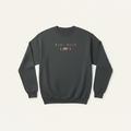 A dark gray crewneck sweatshirt with a small beige graphic and text on the chest, displayed against a solid white background.