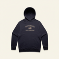 A dark navy blue pullover hoodie with a front kangaroo pocket and a distressed white graphic on the chest reading 'PITTSBURG NEW HAMPSHIRE' with a small American flag, shown against a plain white background.