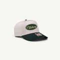 A baseball cap with a white crown and a dark green curved brim, featuring an oval green and white embroidered 'Pittsburg' logo on the front.
