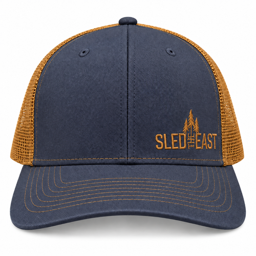 Sled The East Throttle Curved Brim Trucker Hat in Navy/Gold