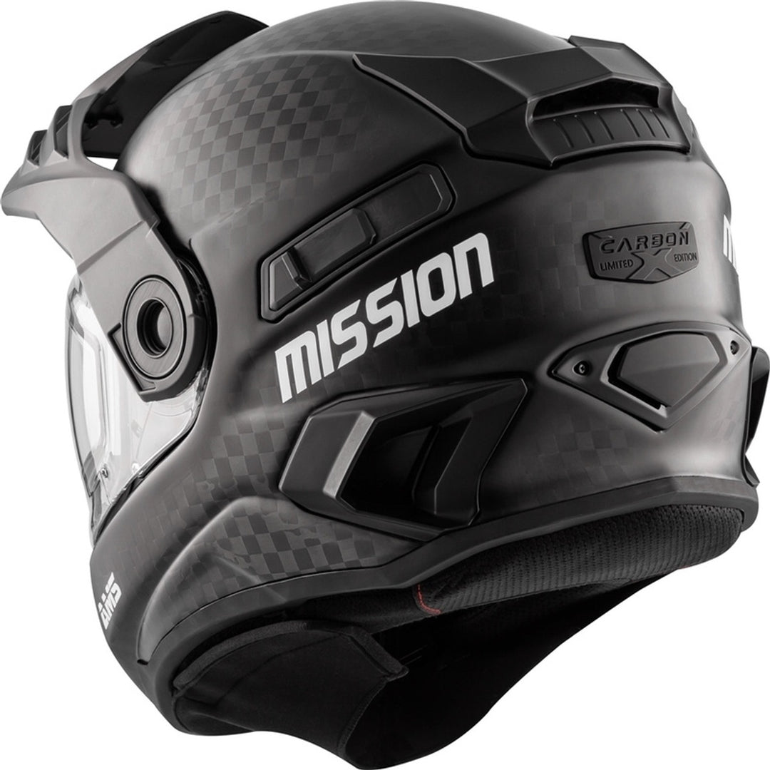 Black snowmobile helmet with 'Mission' branding on a white background