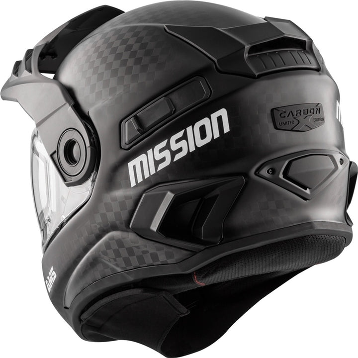 Black snowmobile helmet with 'Mission' branding on a white background