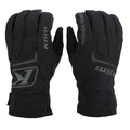A pair of black technical riding gloves shown from both the front and back. The gloves feature gray branding, including the 'Klim' logo and 'Technical Riding' text, on a solid white background.