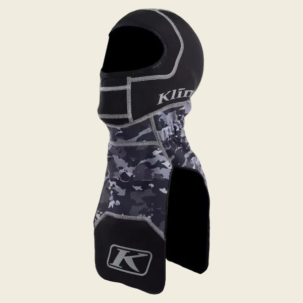 Black and gray camouflage balaclava with Klim logo on a white background