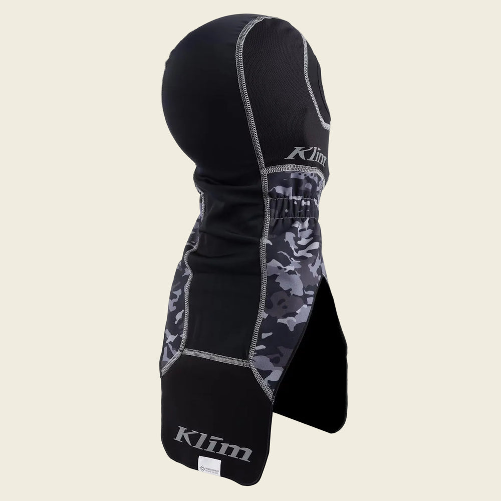 Black and gray camouflage balaclava with Klim branding on a white background