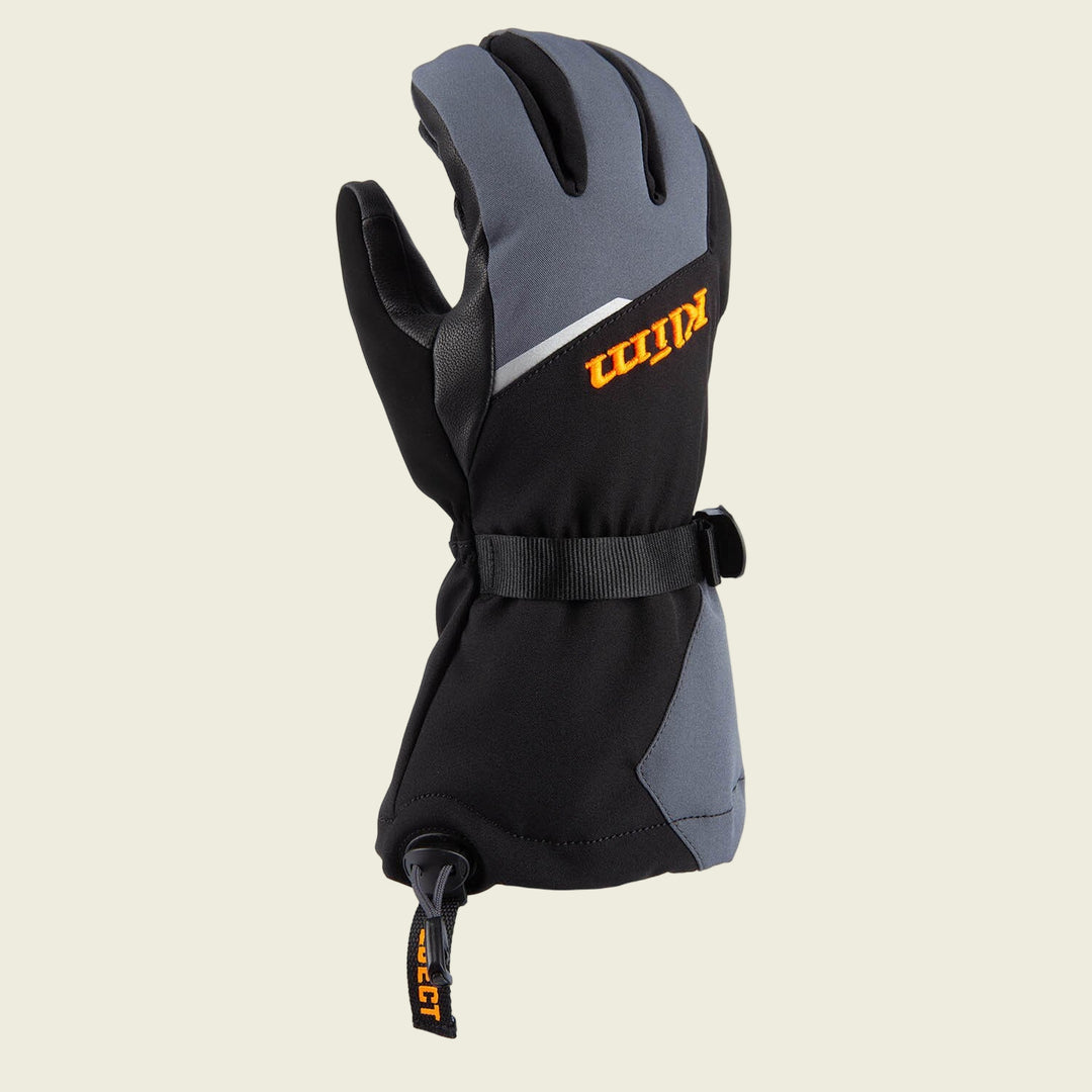 Black and gray glove with a visible brand logo on a white background