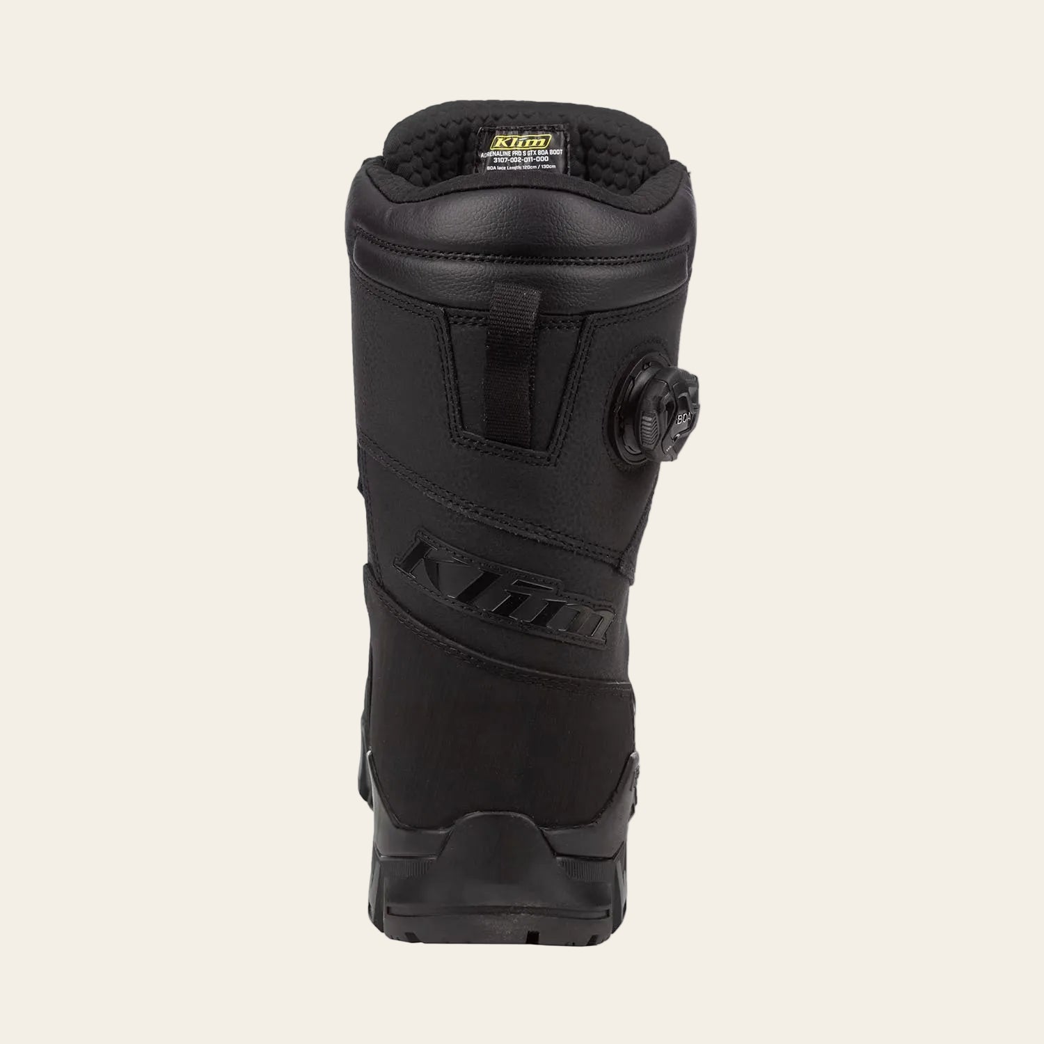 A single black Klim snowboard boot shown from the back, featuring a dial closure system and the Klim logo embossed on the side, set against a plain white background.