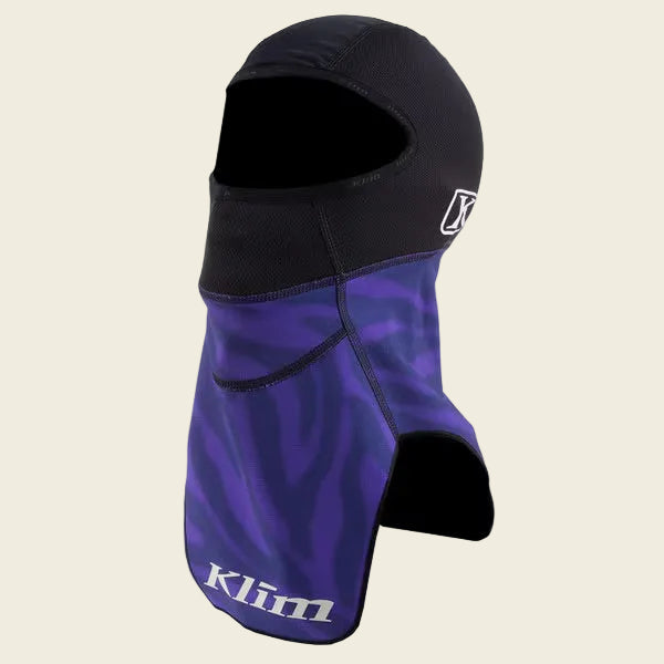 Black and purple balaclava with Klim logo on a white background