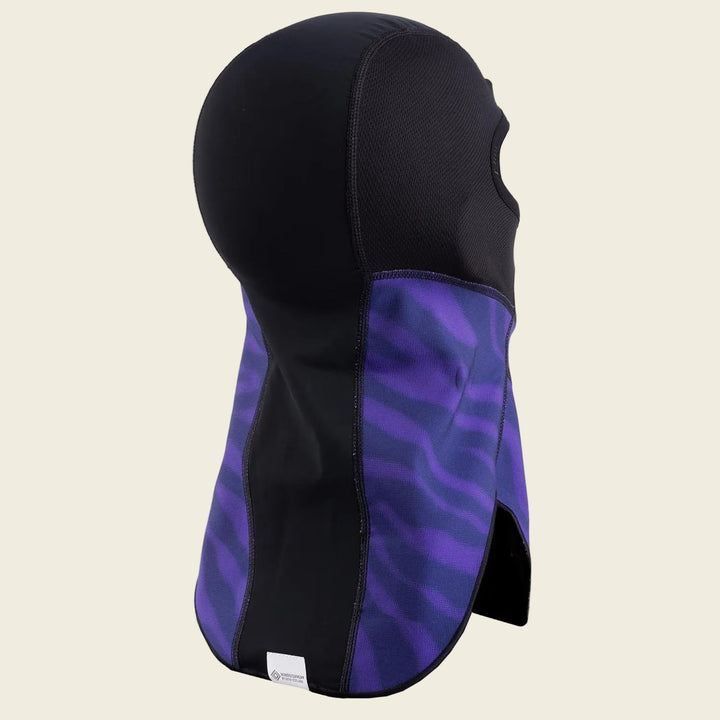 Black and purple hooded garment on a white background