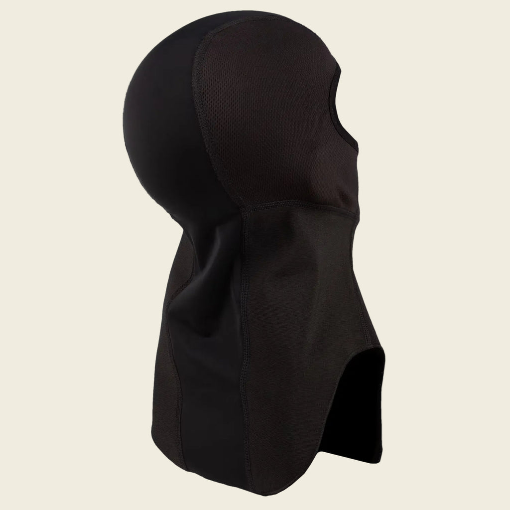 Black hooded garment on a white background