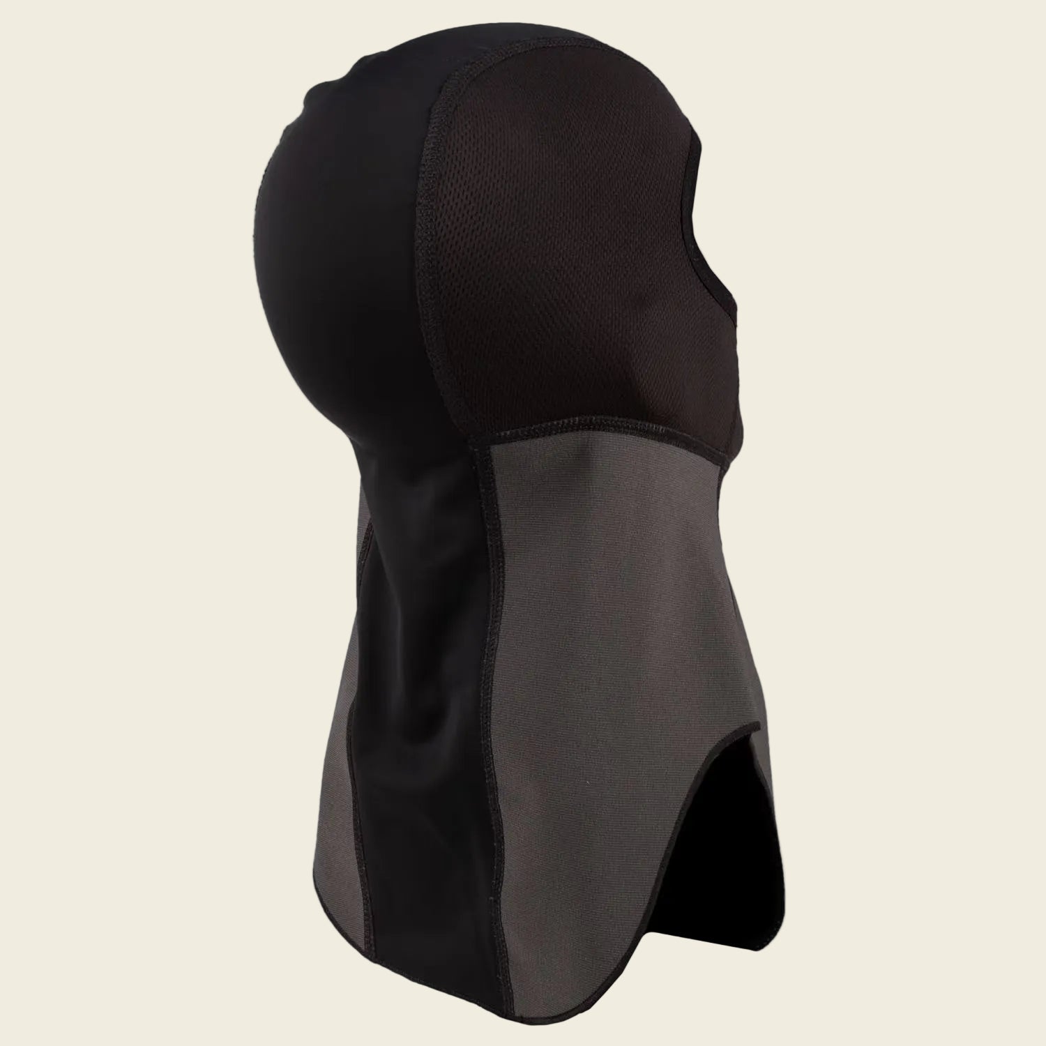 Black and gray hooded garment on a white background