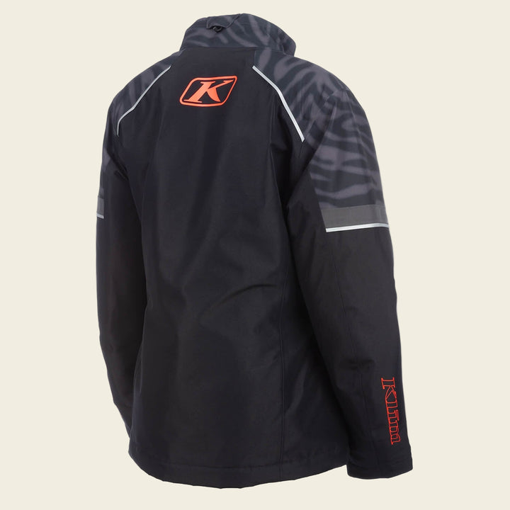 Black jacket with orange logo on a white background
