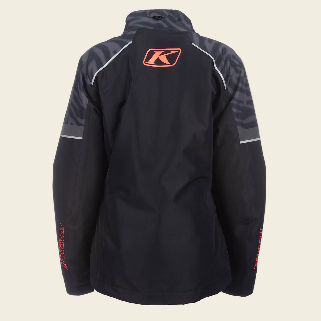 Black jacket with a logo on the back against a white background