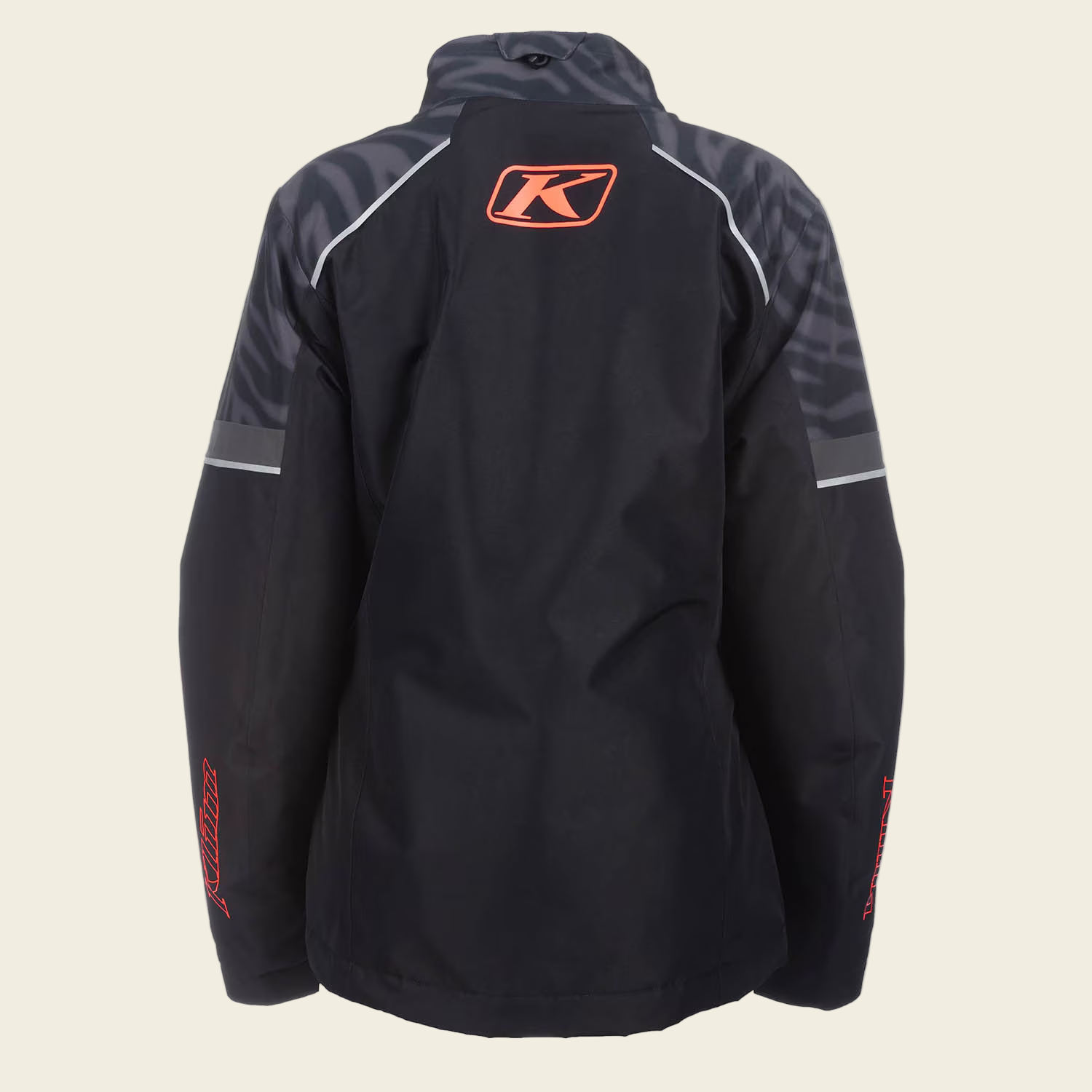 Black jacket with a logo on the back against a white background