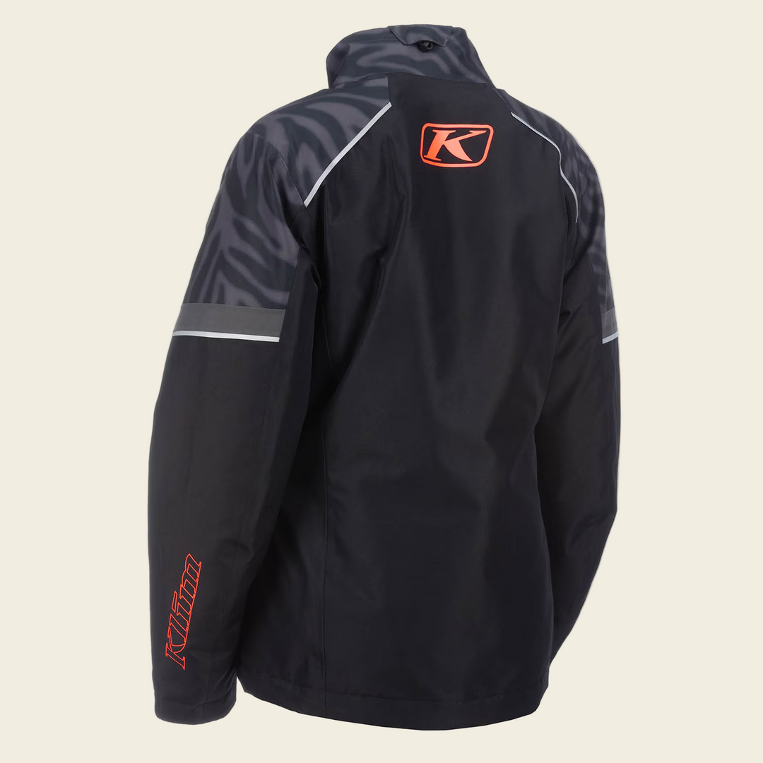 Black jacket with orange logo on a white background