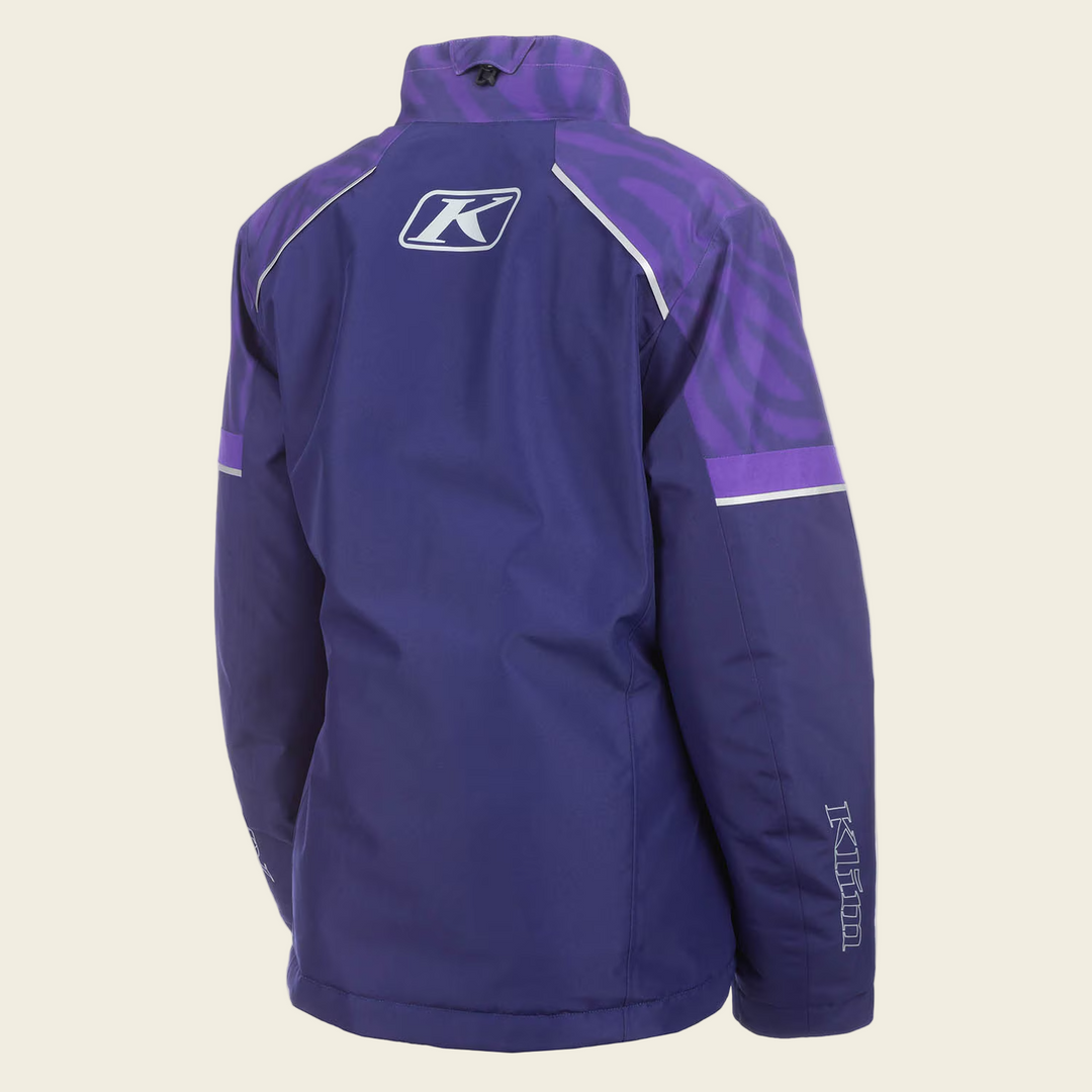Purple jacket with a logo on the back against a white background