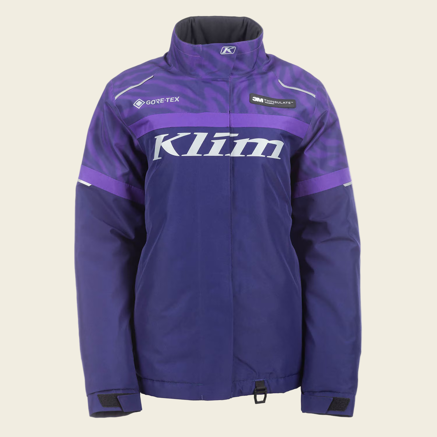 Purple jacket with Klim branding on a white background