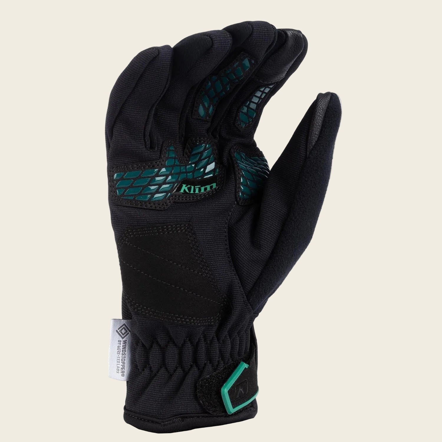 Black glove with green accents on a white background