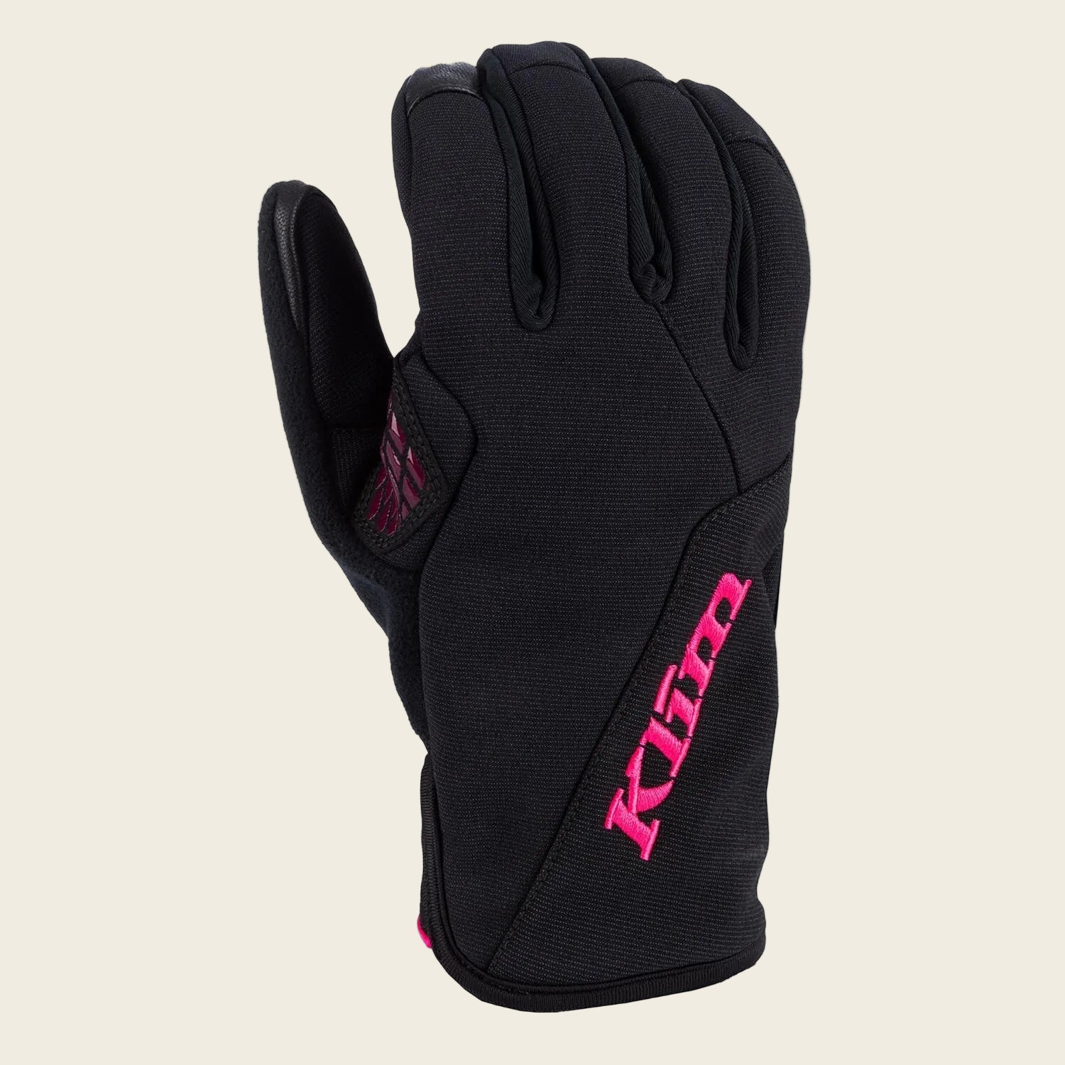 Black glove with pink logo on a white background