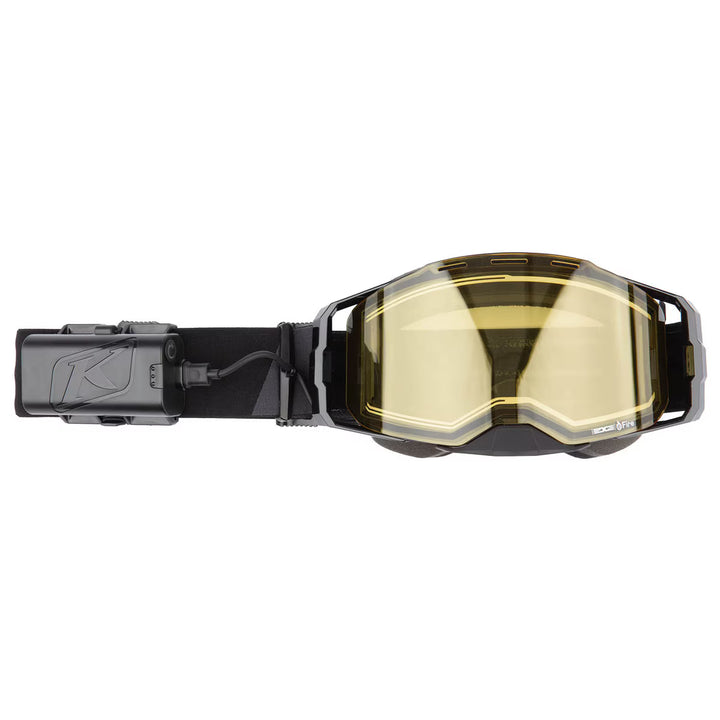 Black goggles with yellow-tinted lenses on a white background