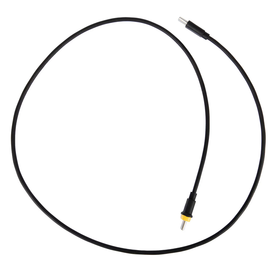 Black cable with a metallic connector on a white background