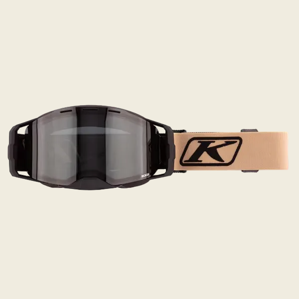 Black goggles with a tan strap featuring a logo on a white background
