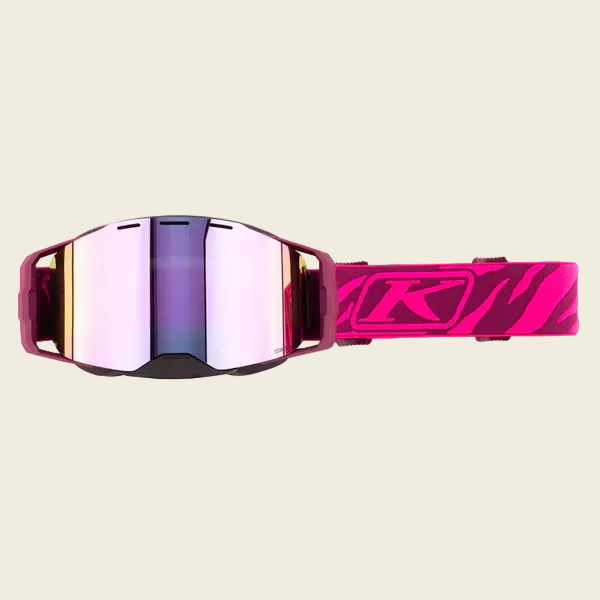 Pink and purple goggles with a brand logo on a white background