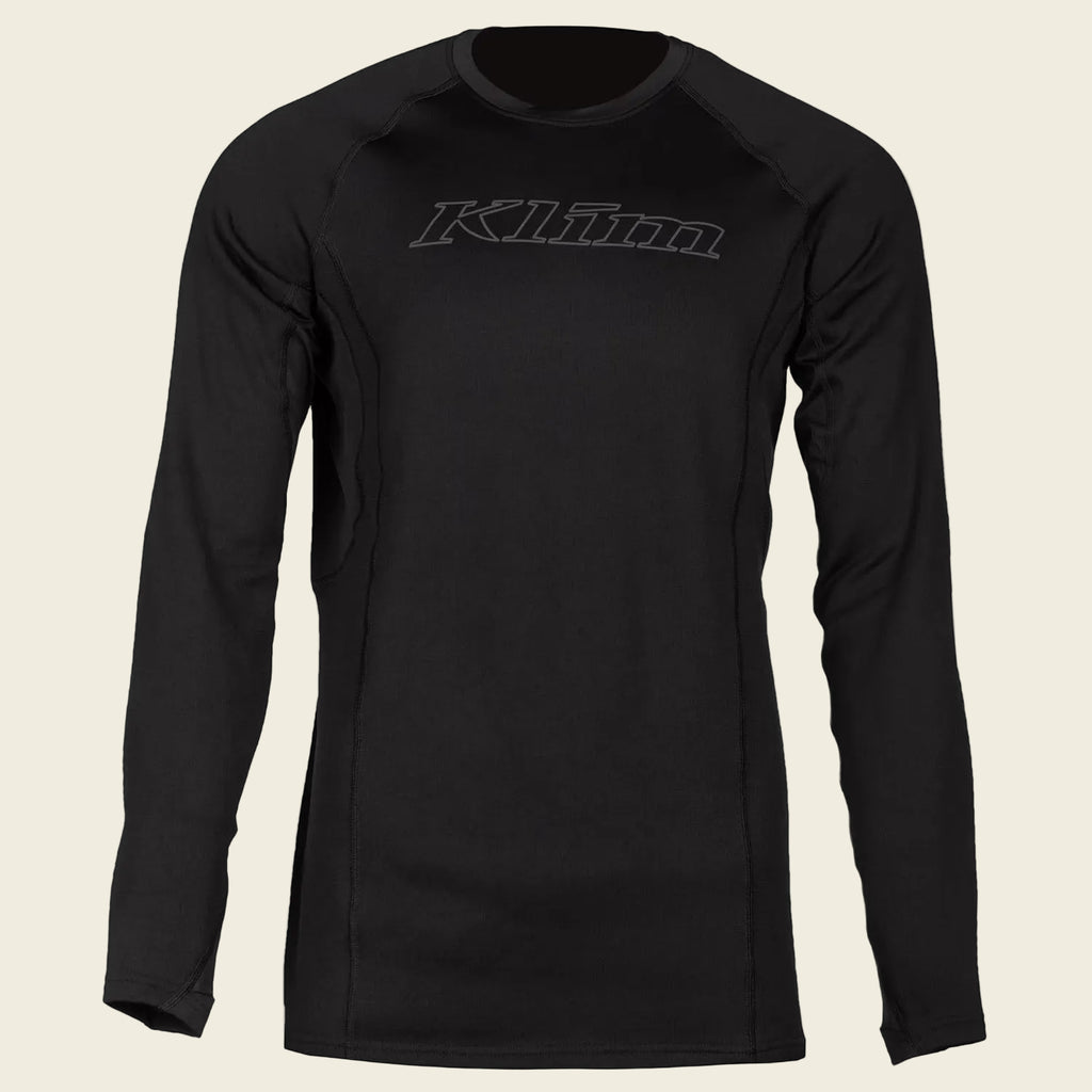 Black long-sleeve shirt with 'Klim' logo on a white background