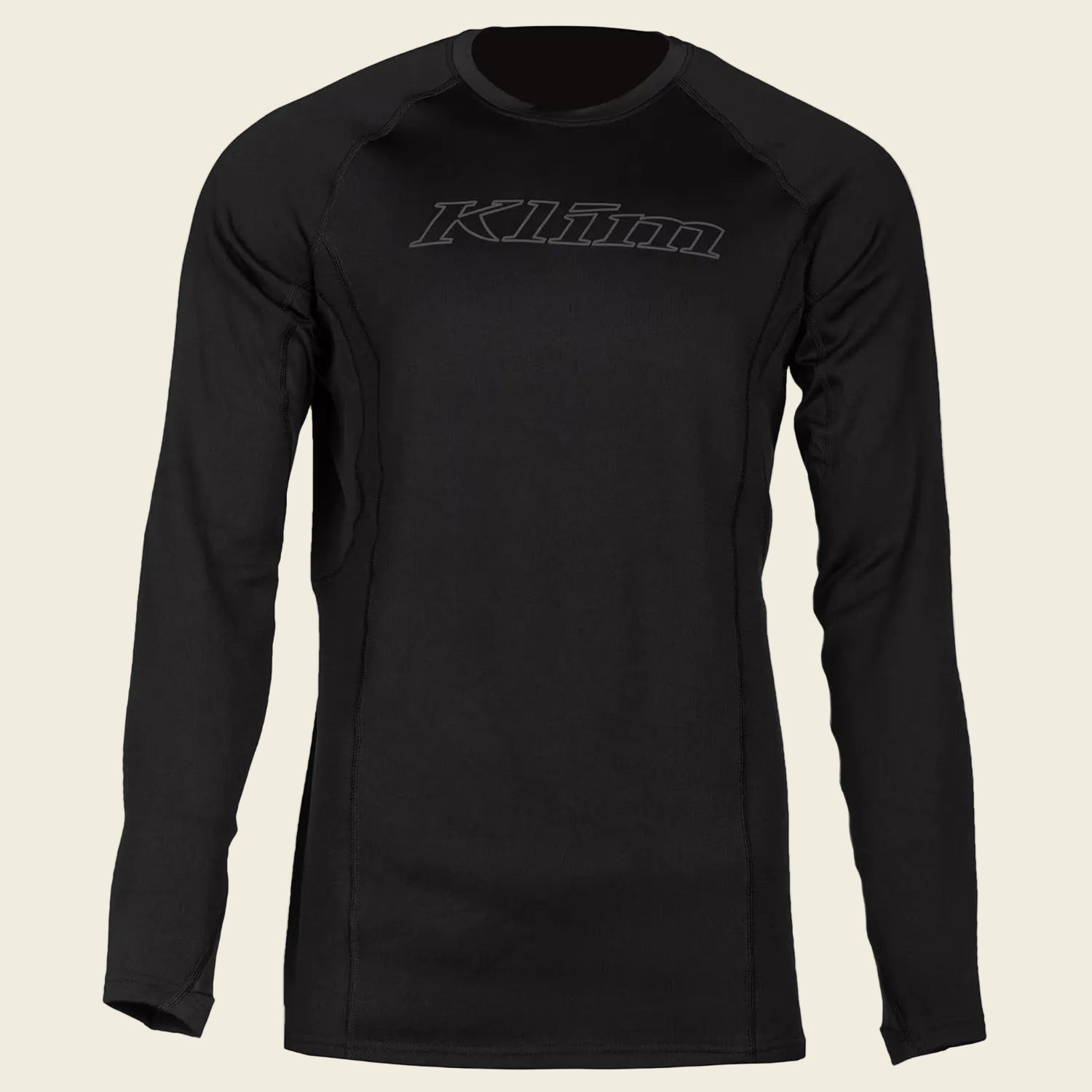 Black long-sleeve shirt with 'Klim' logo on a white background