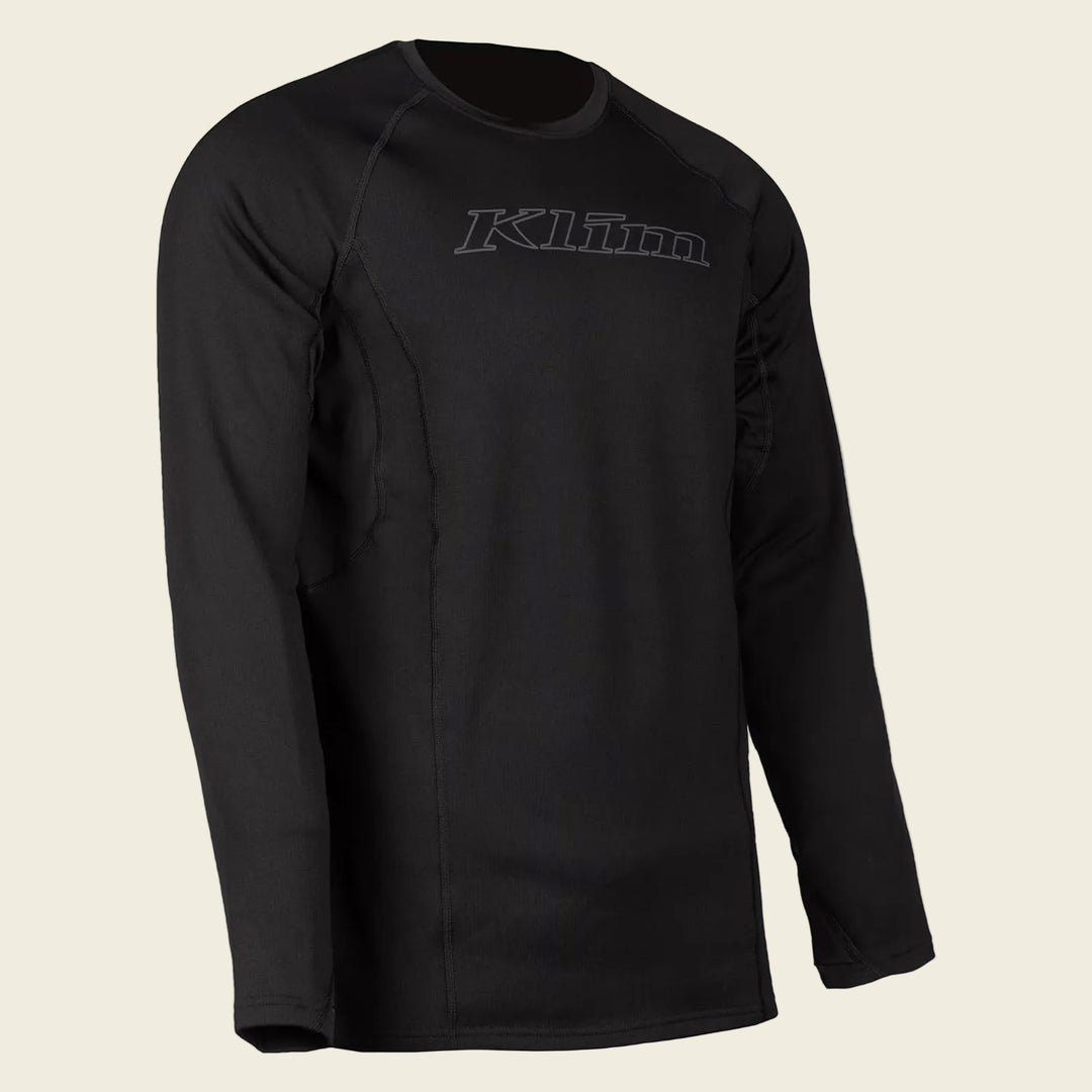 Black long-sleeve shirt with 'Klim' logo on a white background