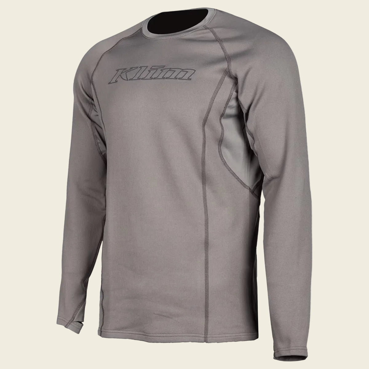 Gray long-sleeve athletic shirt with a brand logo on a white background