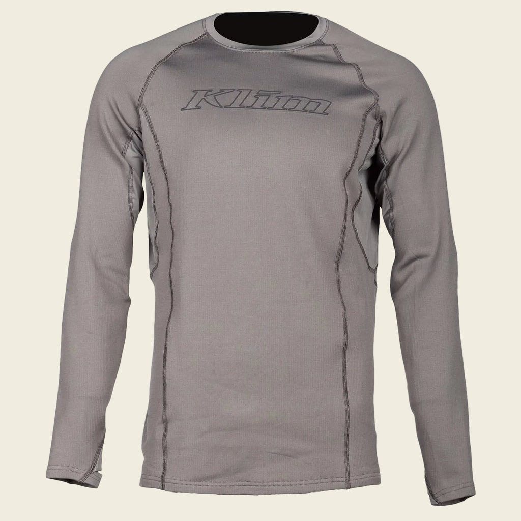 Gray long-sleeve shirt with 'Klim' branding on a white background
