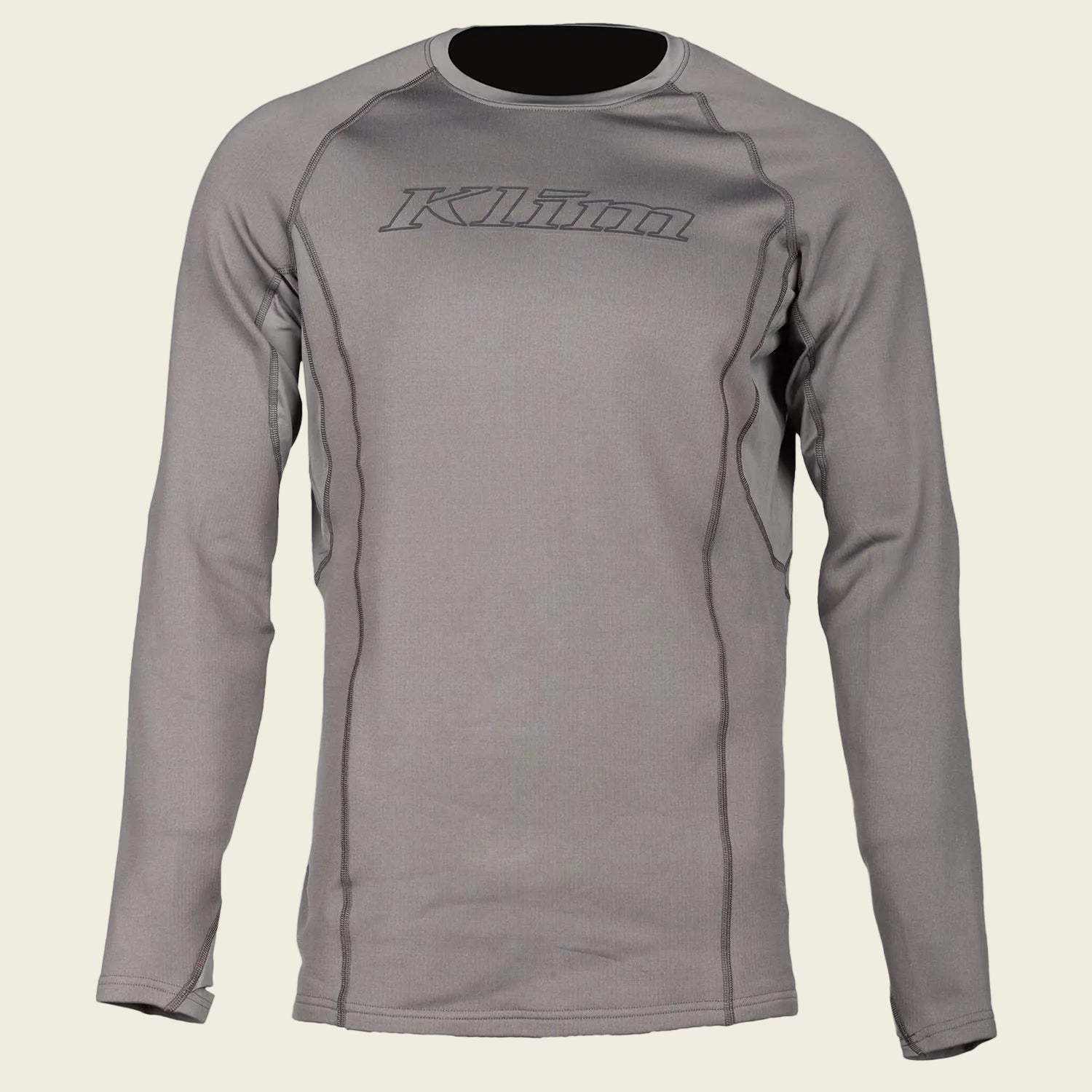 Gray long-sleeve shirt with 'Klim' branding on a white background